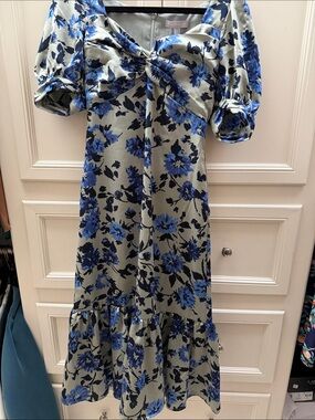 Chelsea28 Blue Floral Twist-Front Puff-Sleeve Midi Dress